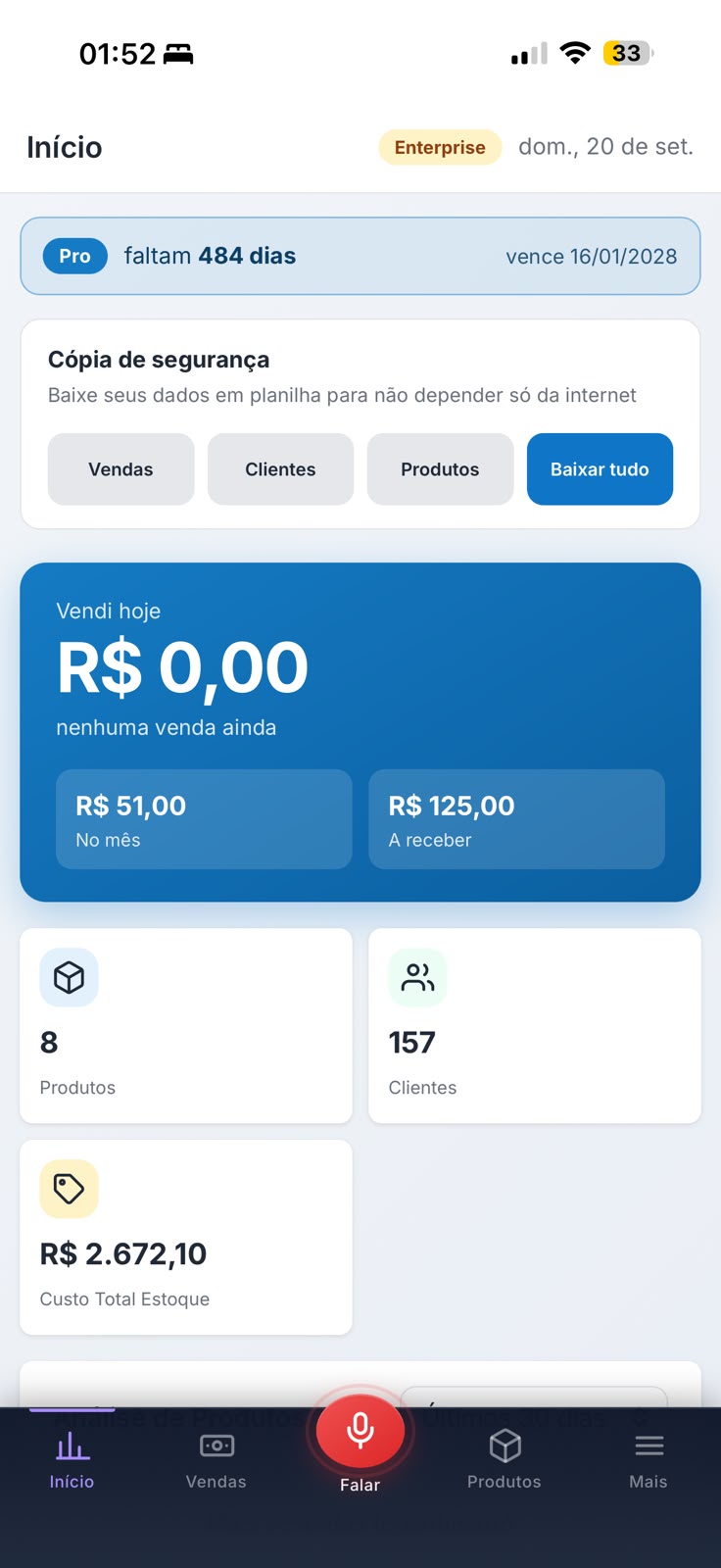 Tela inicial com vendas, produtos e clientes